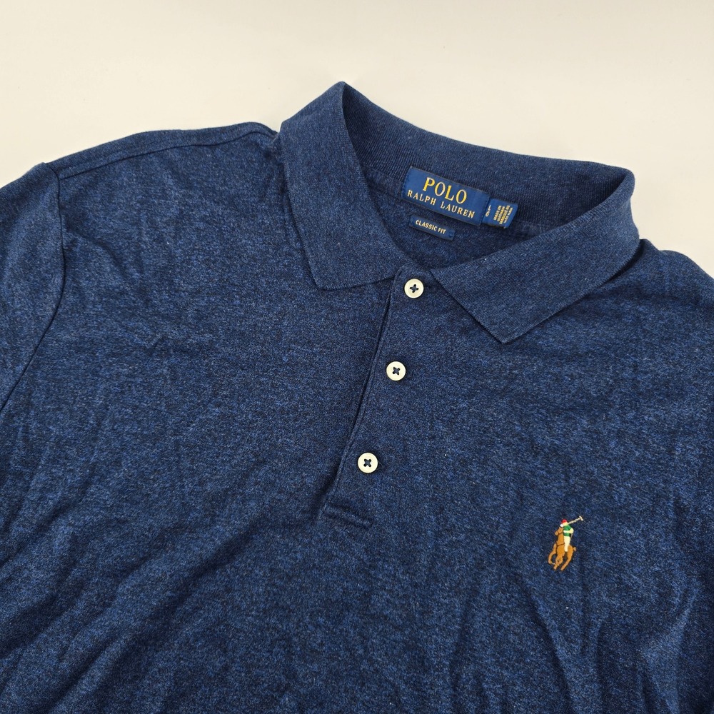 Polo Ralph Lauren Mens Large Classic Fit Navy Blue Heathered Polo Flesh Pony